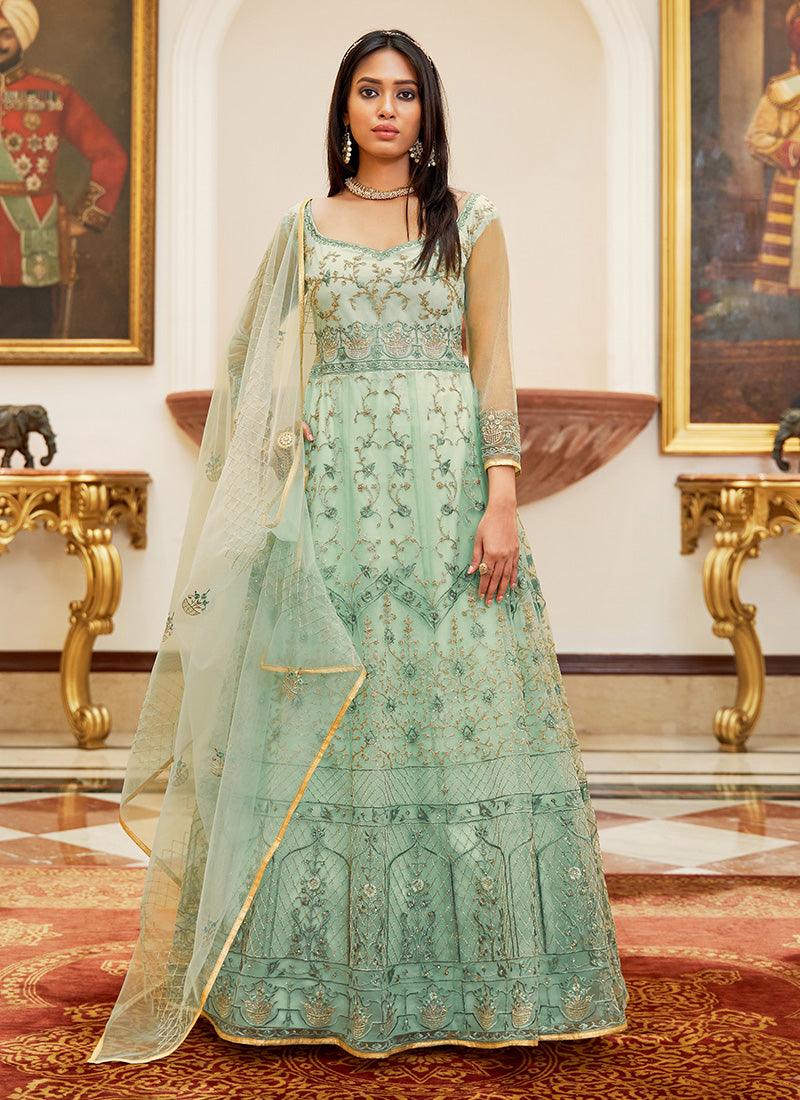 Turquoise Color Soft Net Fabric Resham And Dori Work Gown 2025 Unisex Cheap Pice