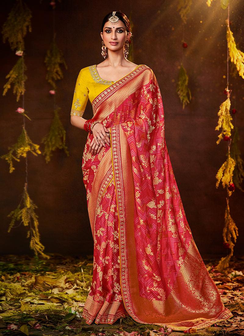 Embroidered Blouse With Red Bandhej Saree Sale Low Pice