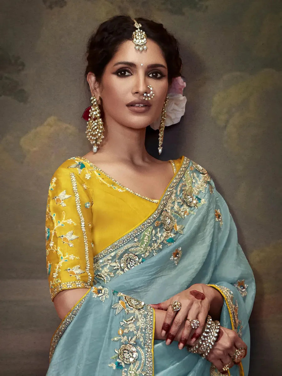 Elegant Sky Blue Embroidered Fancy Saree Manchester Great Sale Cheap Pice