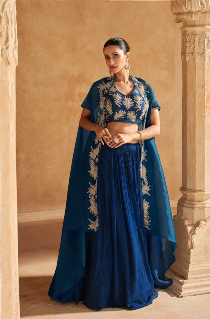 Classic Navy Blue Chinon Silk Jacket Style Lehenga Choli Clearance Store Cheap Online