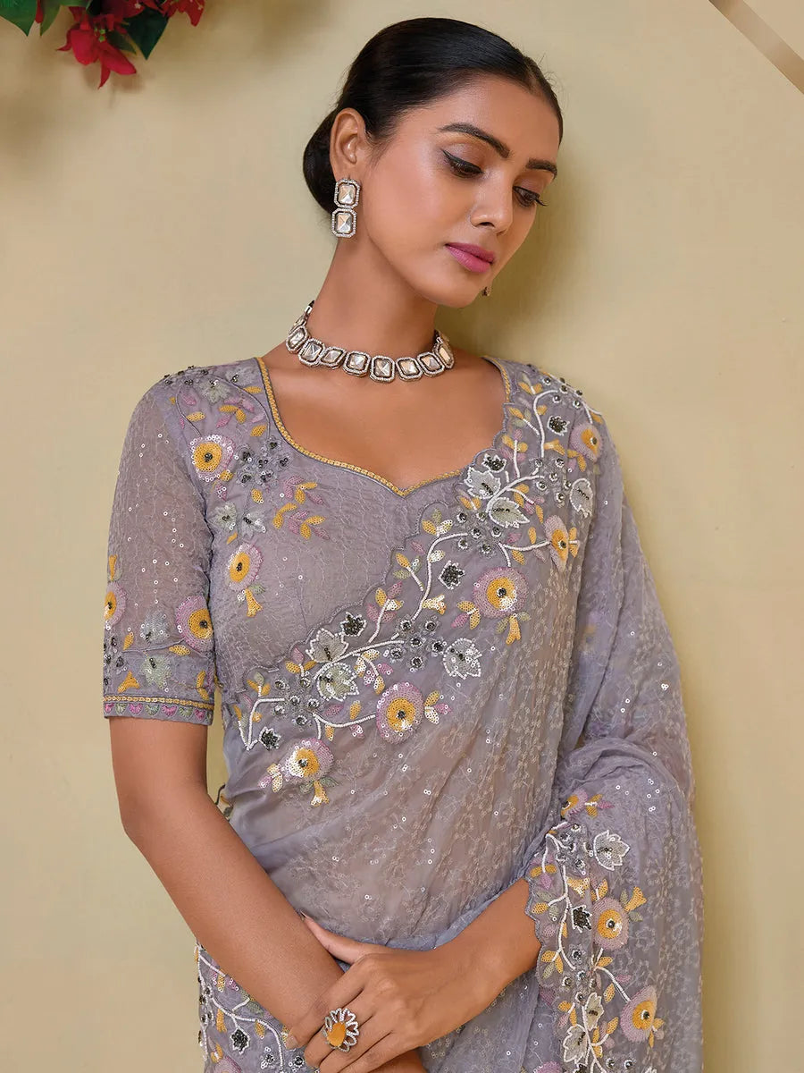 Graceful Grey Banarasi Silk Embroidered Saree Cheap Sale Tumblr