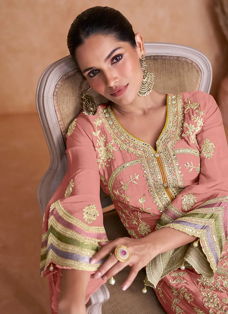 Peach Pure Chinon Traditional Stright Style Designer Suit Cheap Best Wholesale