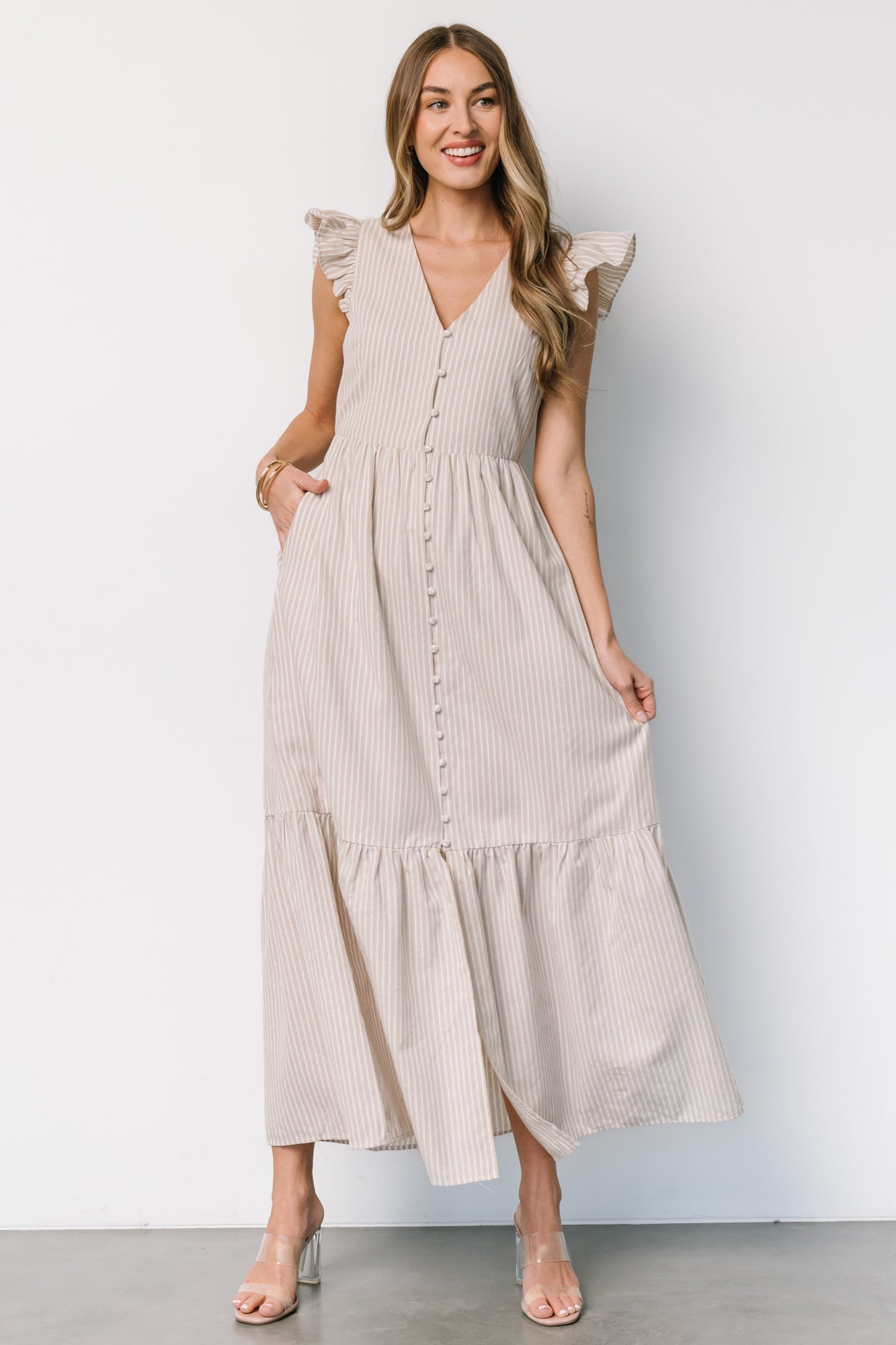 Hettie Button Maxi Dress | Beige Stripe Cheap Good Selling