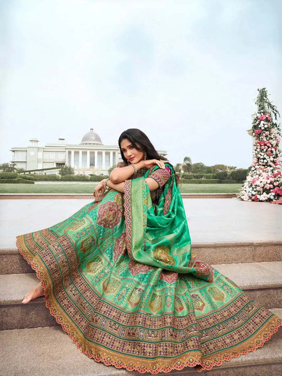 Elegant Embroidered Mint Green Silk  Lehenga Choli Set 100% Original