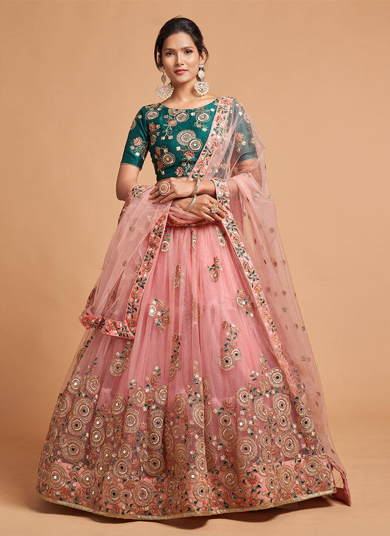 Soft Net Base Peach Color Embroidered Lehenga Choli With Contrast Blouse Hot Sale Cheap Pice