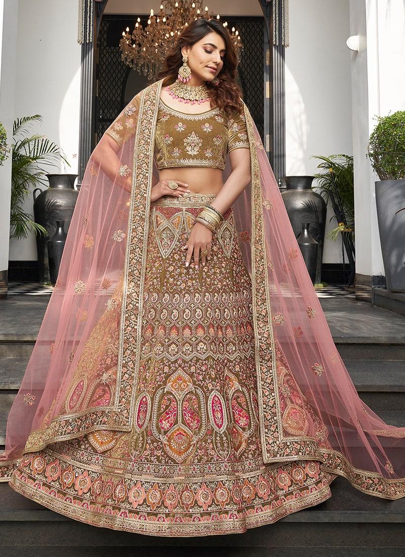 Wedding Wear Olive Green Color Velvet Base Heavy Work Lehenga Choli Clearance Low Pice Fee Shipping