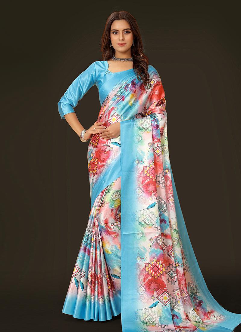 Sky Blue Color Half Sleeves Satin Saree Cheap Online