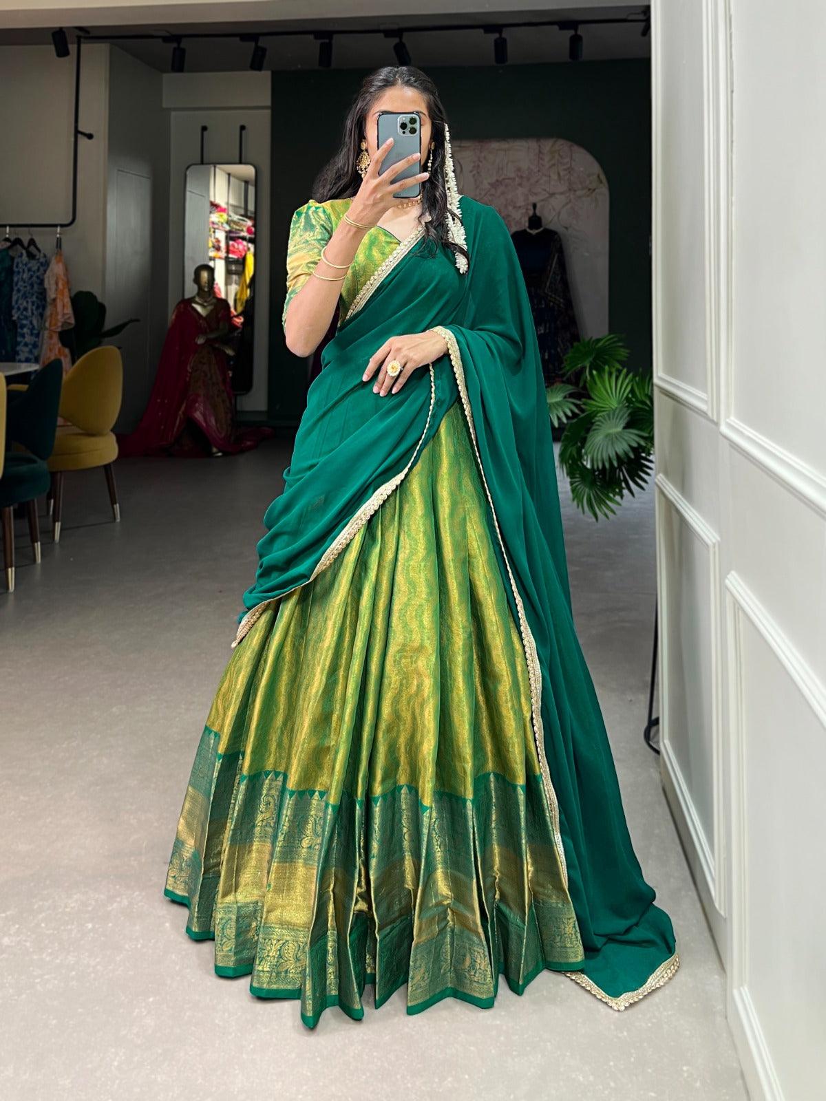 Parrot Green Kanjivaram Silk Zari Weaving Worked Lehenga Choli Footlocker Pictures Online