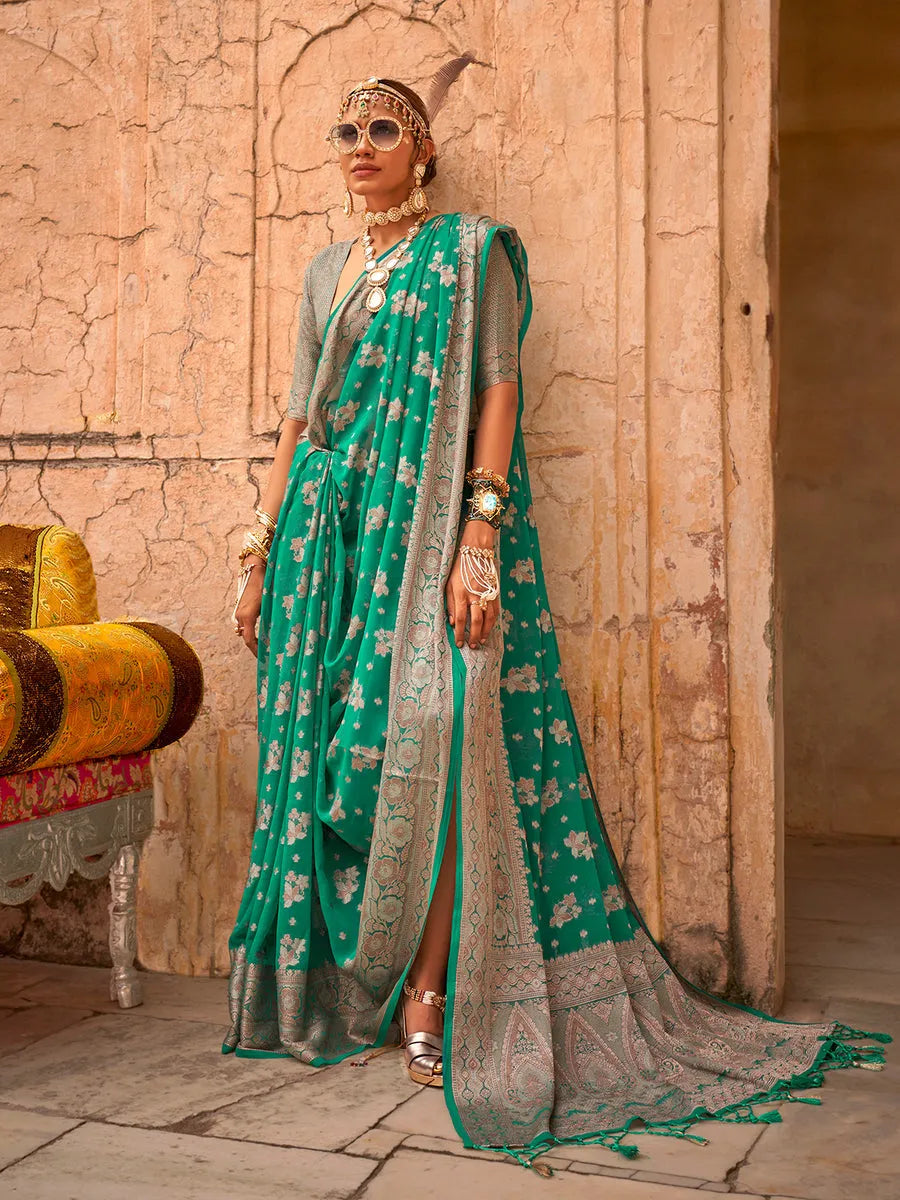 Fantastic Teal Green Georgette Saree with Weaving Butta Border Tumblr Cheap Pice