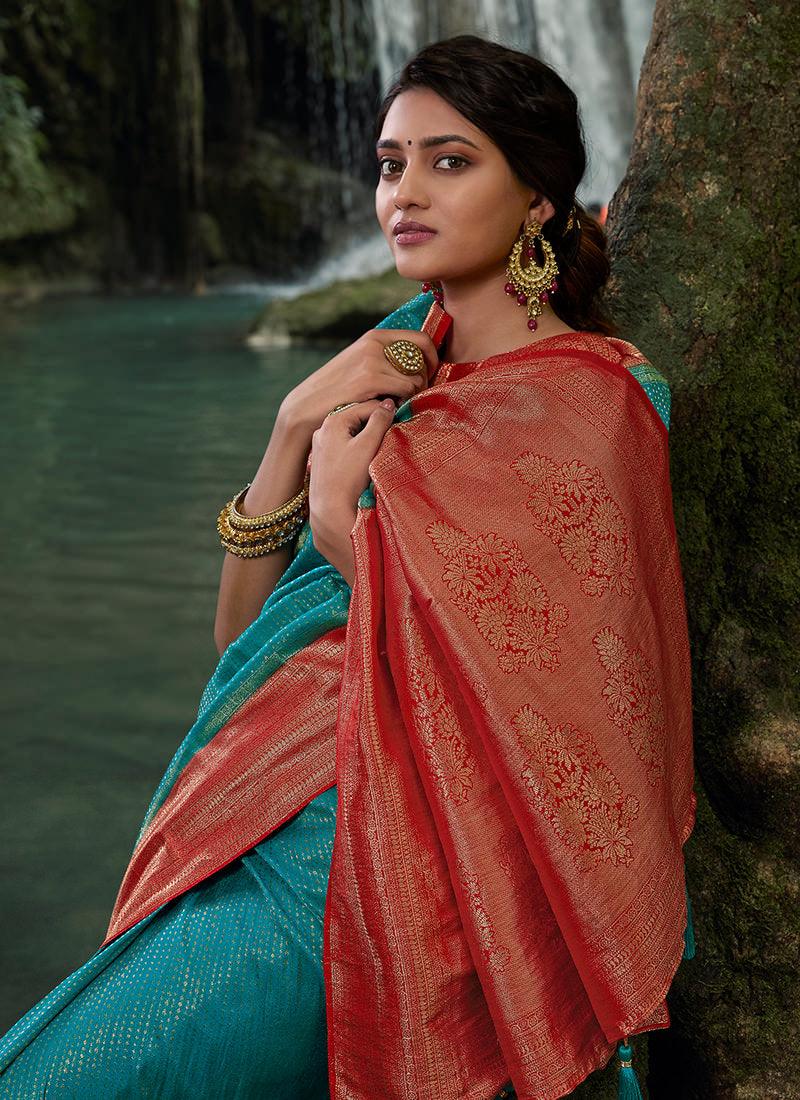 Silk Weave Turquoise Kanjivaram Saree Free Shipping Online