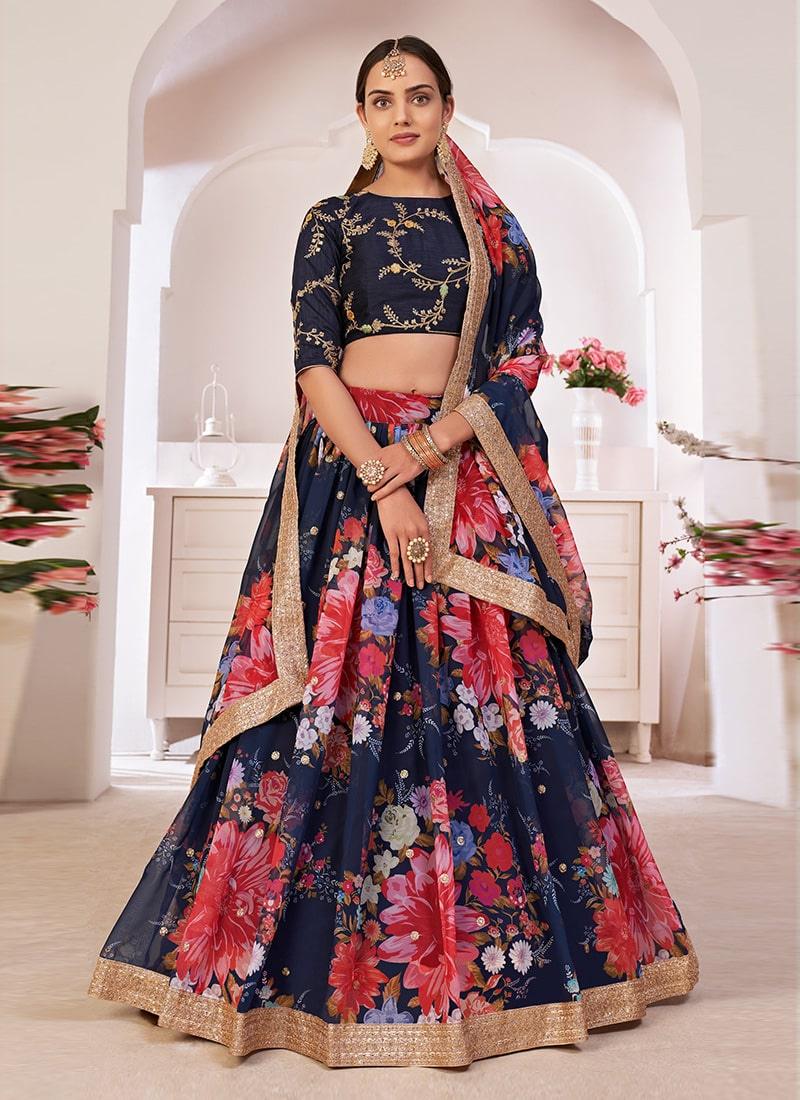 Navy Blue Color Georgette Material Floral Print Lehenga Discount Low Pice