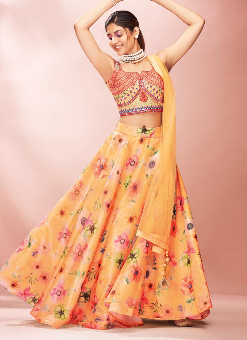 Mustard Yellow Organza Base Printed Lehenga Choli With Mirror Work Cheap Sale Amazing Pice