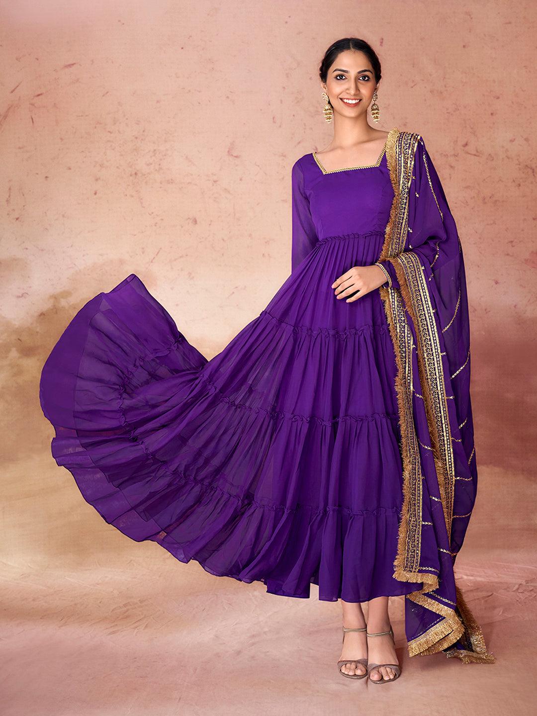 Purple Color Ruffle  Anarkali Gown with Dupatta Deals Online