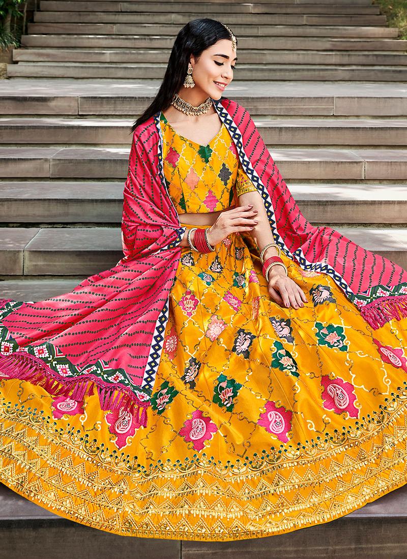 Silk Base Yellow Embroidered Lehenga Finishline For Sale