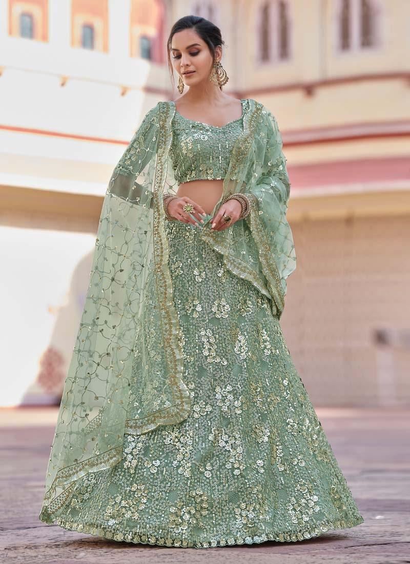 Adorable Look Green Color Soft Net Material Sequins Work Lehenga Choli Free Shipping Hot Sale