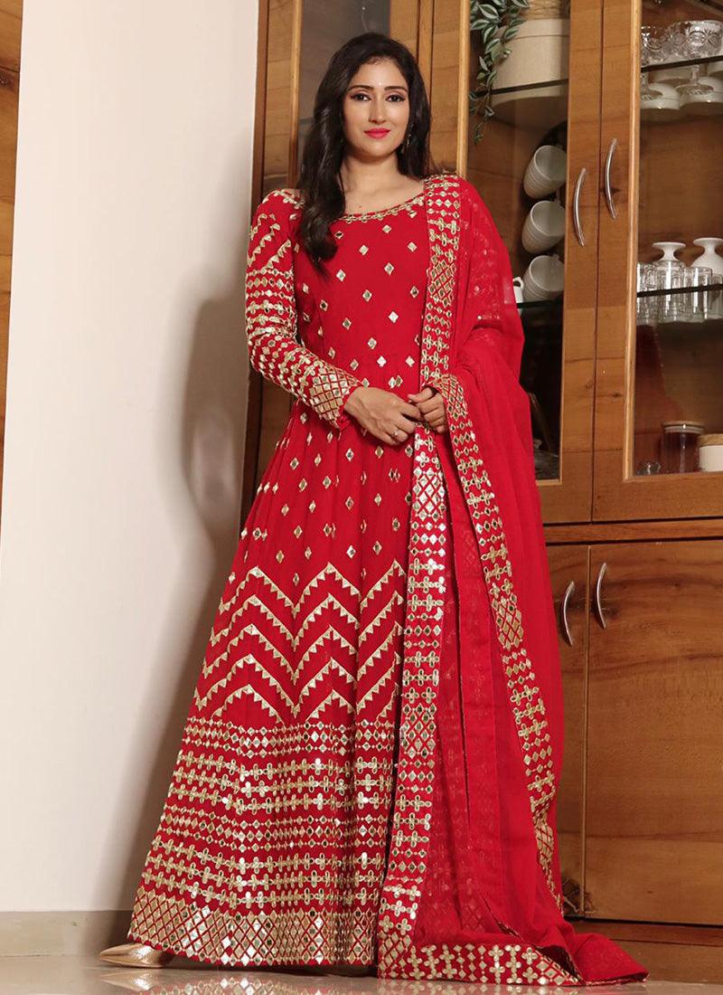 Splendid Red Color Georgette Base Foil Mirror Work Salwar Suit Discounts Cheap Pice