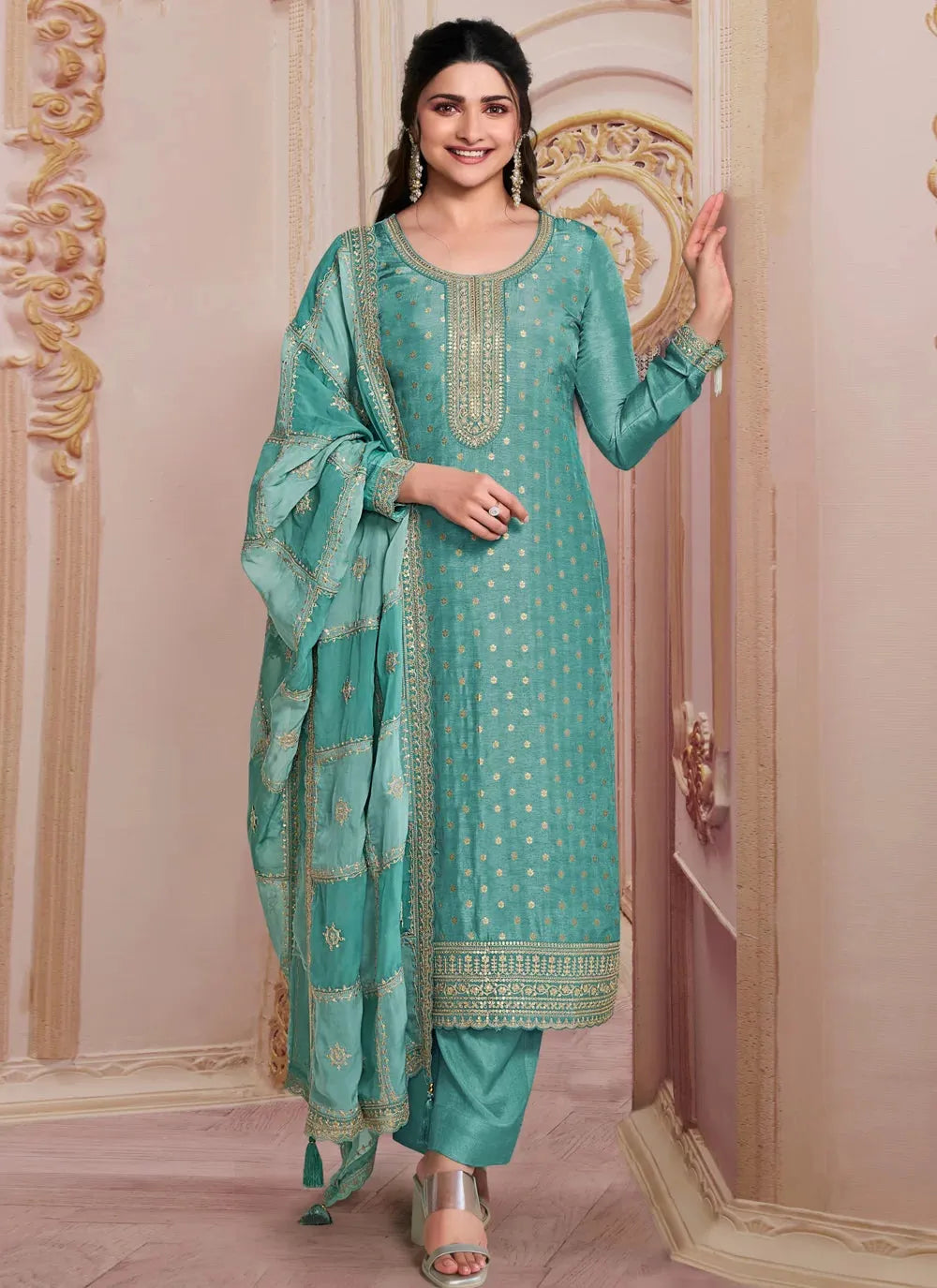 Teal Green Dola Jacquard Sequins Embroidered Straight Suit Outlet Supply