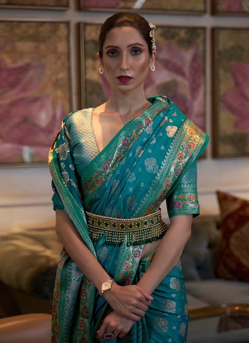 Darkish Turquoise Color Silk Fabric Royal Look Weaving Work Saree With Same Color Blouse Cheap Sale Store