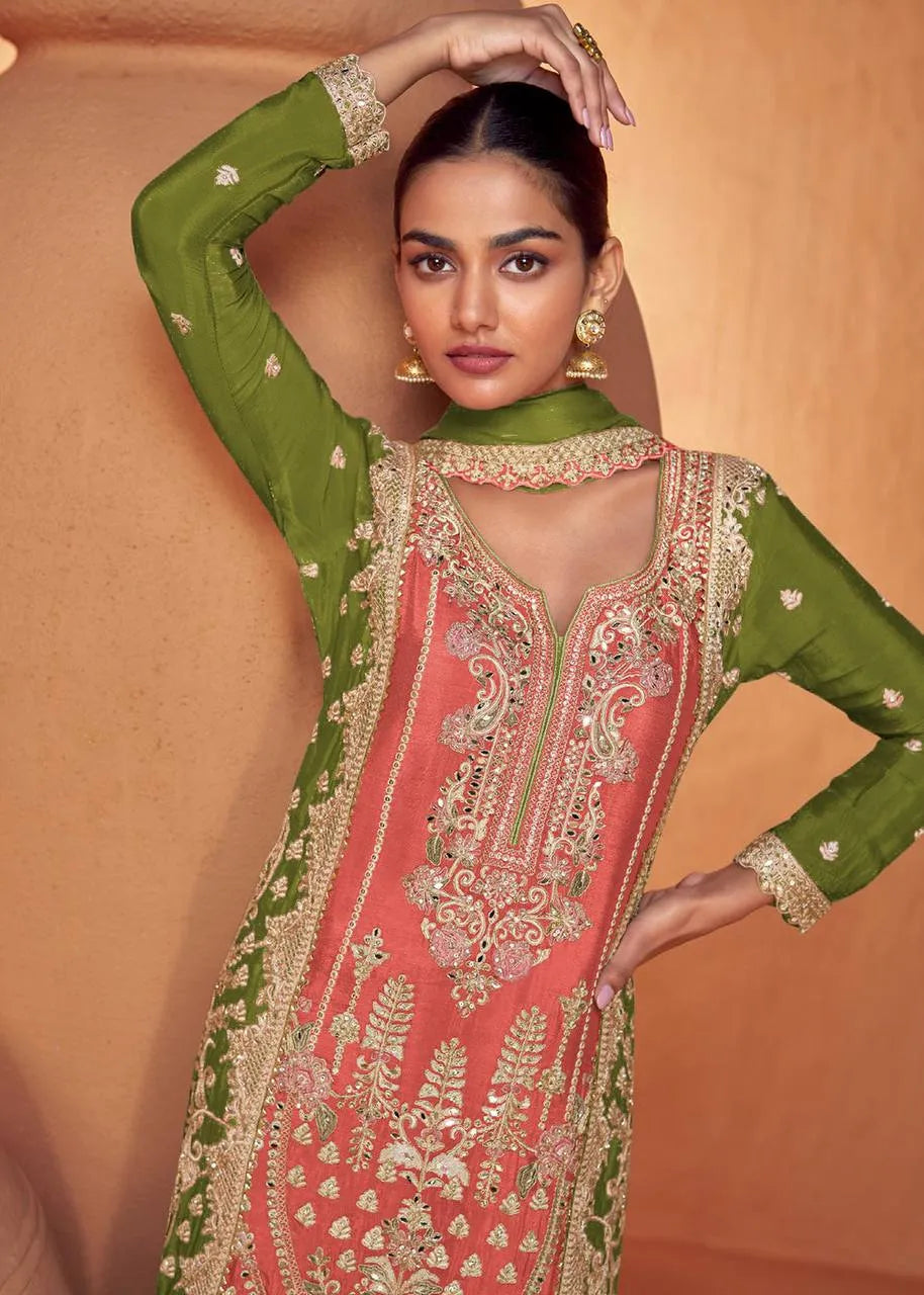 Exquisite Olive and Peach Chinon Embroidered Palazzo Suit Clearance Extremely