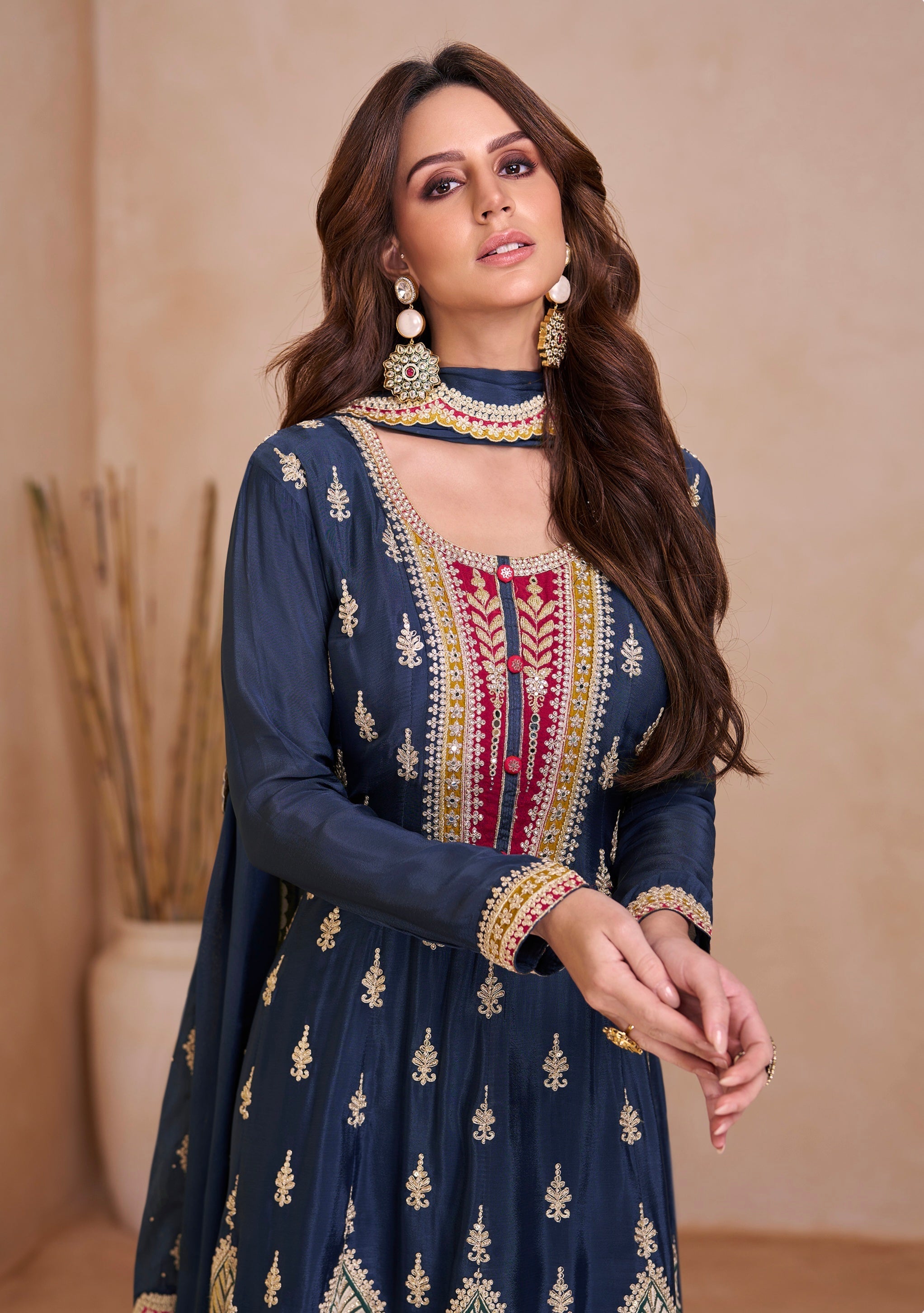 Blazing Navy Blue Embroidered Chinon Palazzo Set Discount For Cheap