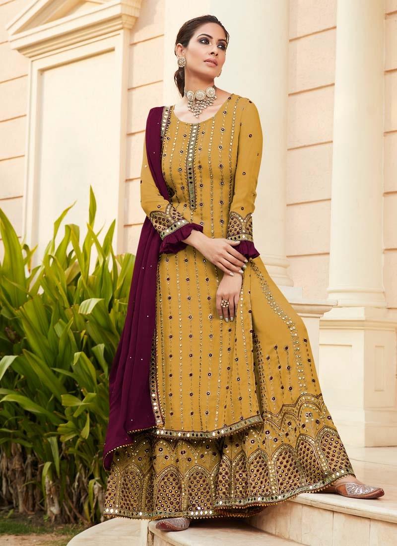 Eye-Captivating Designer Look Yellow Palazzo Suit Discount Free Shipping