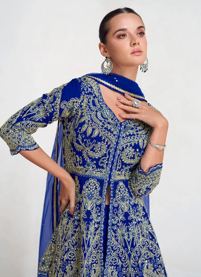 Passionate Royal Blue Embroidered Designer Sharara  Suit Online Online High Quality