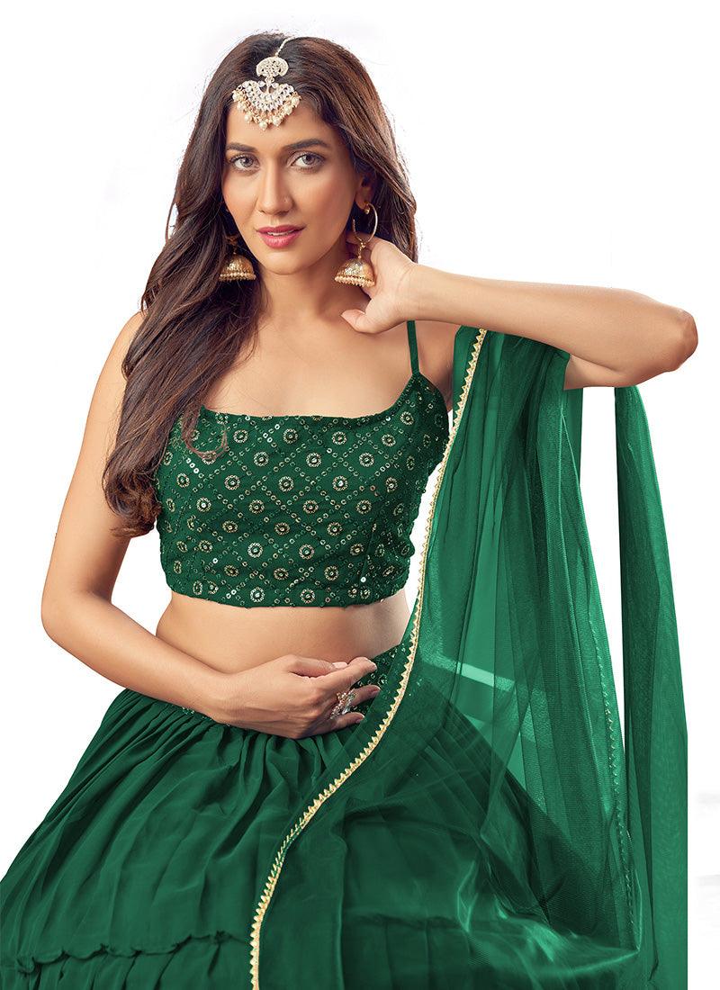 Green Color Georgette Base Ruffle Lehenga With Sequins Work Sleeveless Choli Deals