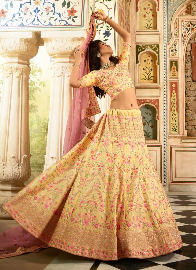 Admiring Yellow Color Art Silk Base Stone And Sequins Work Lehenga Browse Cheap Pice