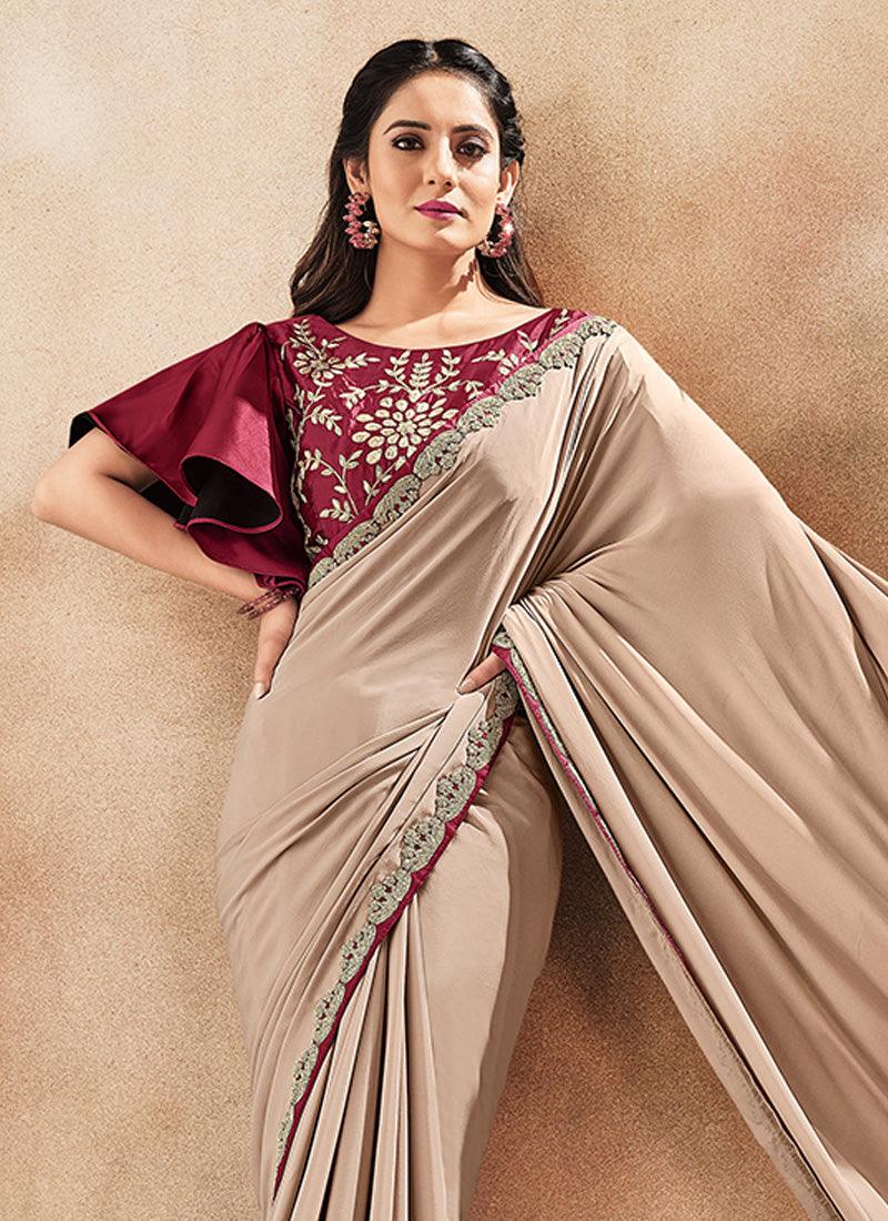 Partywear Beige Color Silk Base Resham Work Saree With Butterfly Sleeves Blouse Discount Cheap Online