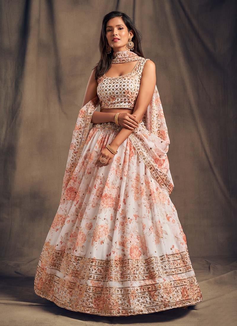 Enthralling Look White Color Organza Base Sequins Work Printed Lehenga Free Shipping View