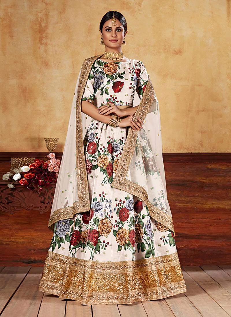 Heavy Sequins Digital Printed White Floral Lehenga Finishline