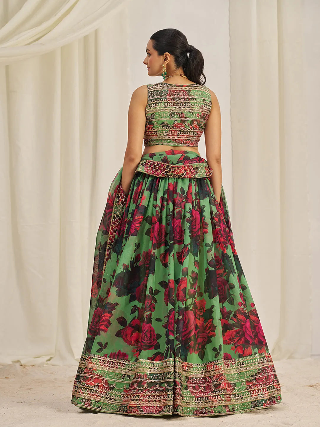 Parrot Green Organza Zari Dori Sequins Floral Lehenga Choli Set Clearance Official Site