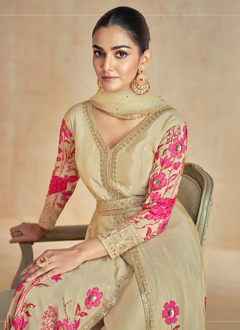 Breathtaking Beige Embroidered Slit Style Anarkali Suit Clearance 2025