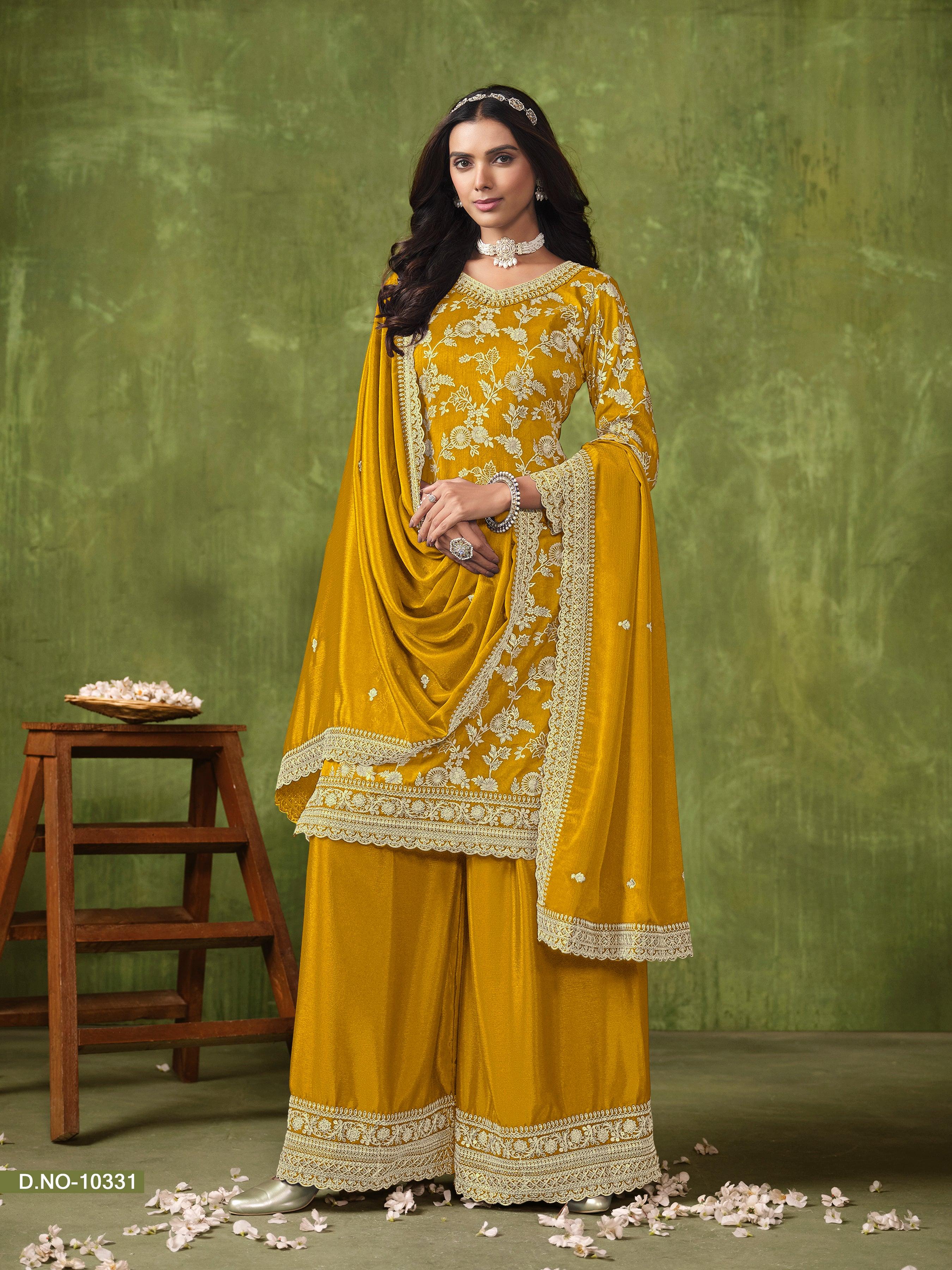 Yellow Dola Silk Jacquard Sequins Embroidered Top Palazzo Suit Cheap Sale Shop