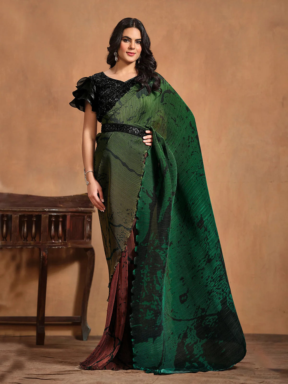 Magical Dark Green Pure Satin Silk Ready To Wear Printed Saree Official Site For Sale