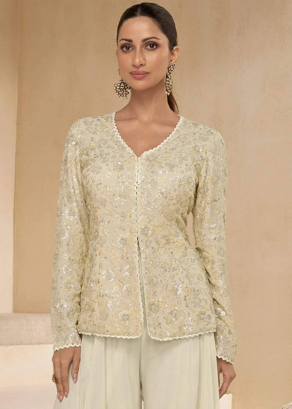 Pearl White Pure Georgette Floral Embroidered Top Palazzo Suit Finishline Sale Online