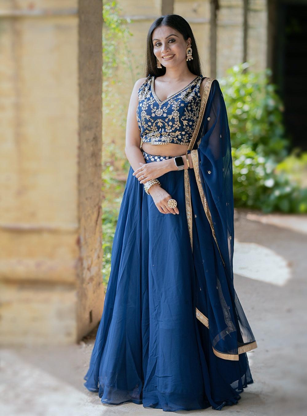 Navy Blue Georgette Sequins Thread Embroidered Lehenga Choli Cheap Sale Cheapest