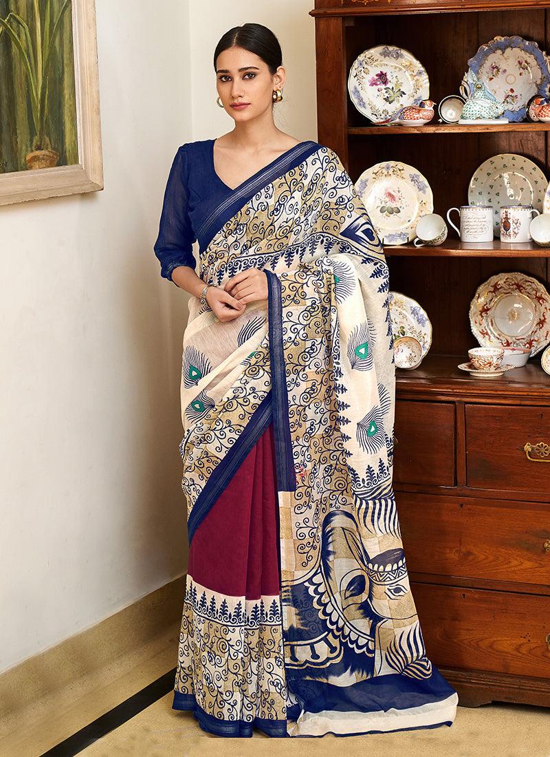 Low Cut Neck Digital Print White Floral Saree Clearance Pirce Sale