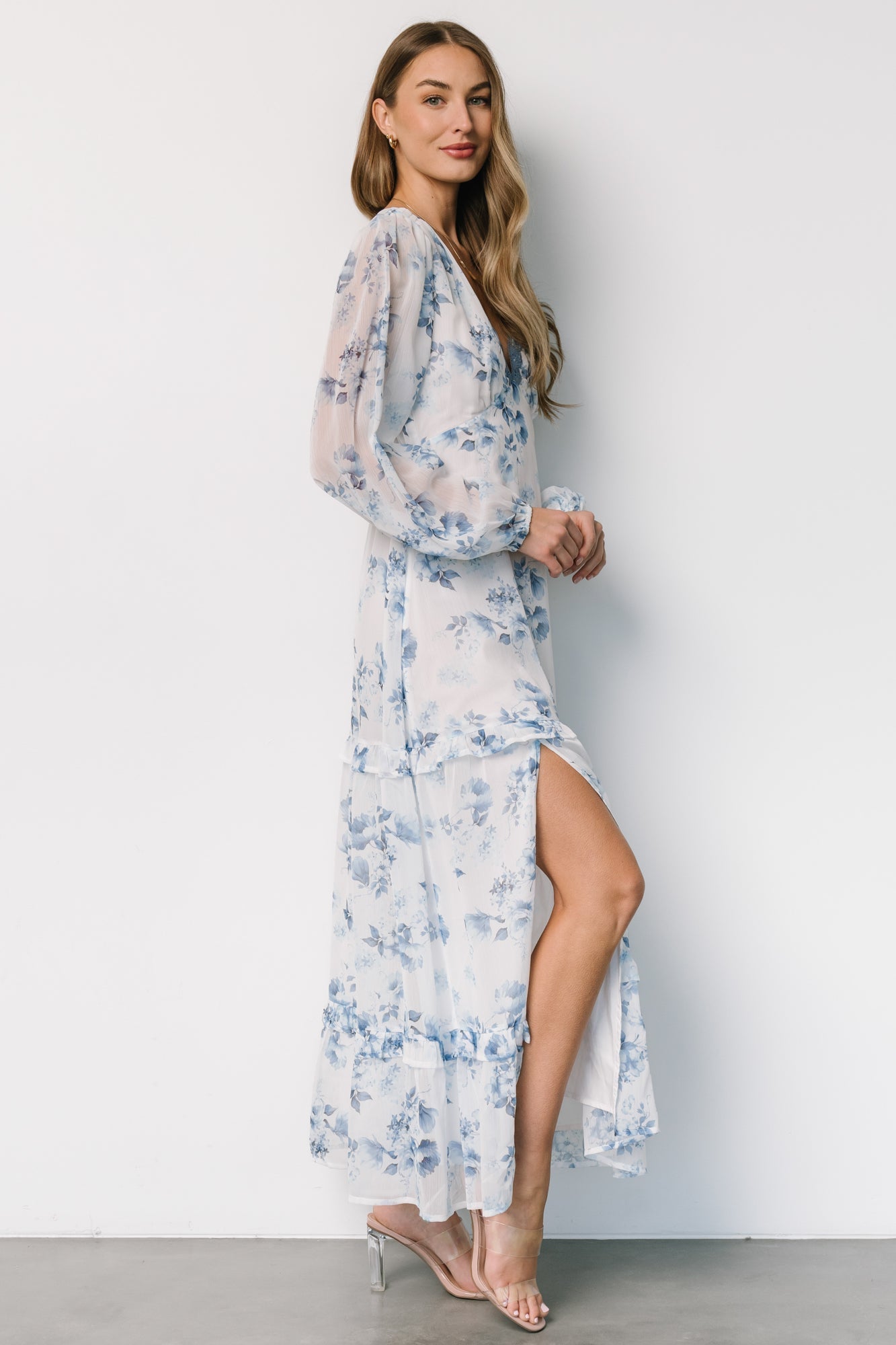 Rumi Deep V Maxi Dress | Off White + Blue Floral Best Wholesale For Sale