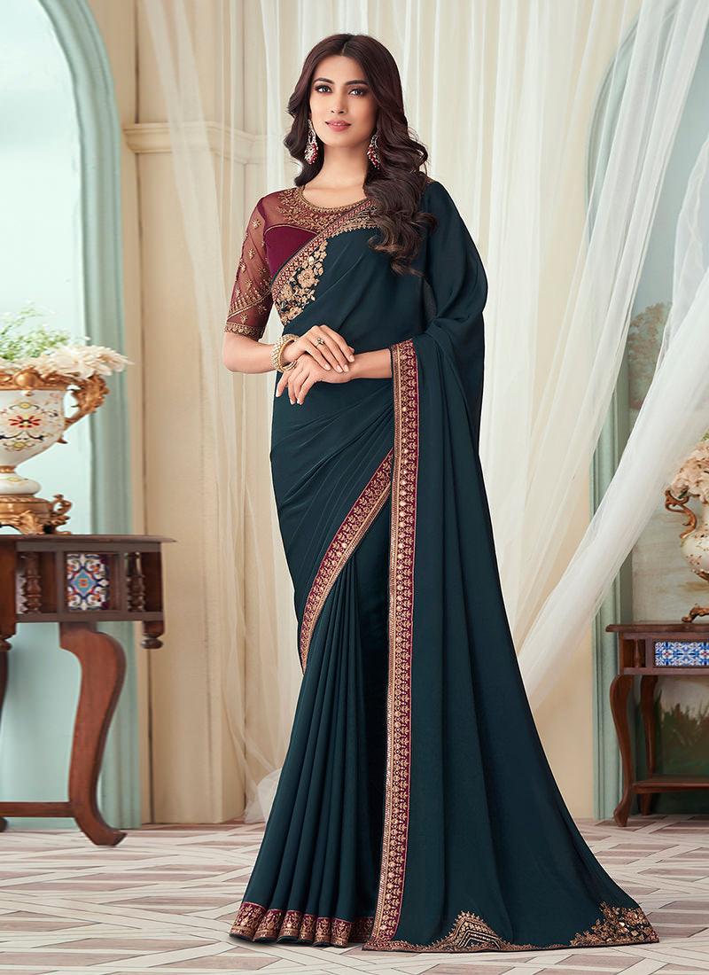 Teal Blue Embroidered Silk Saree Perfect Cheap Pice