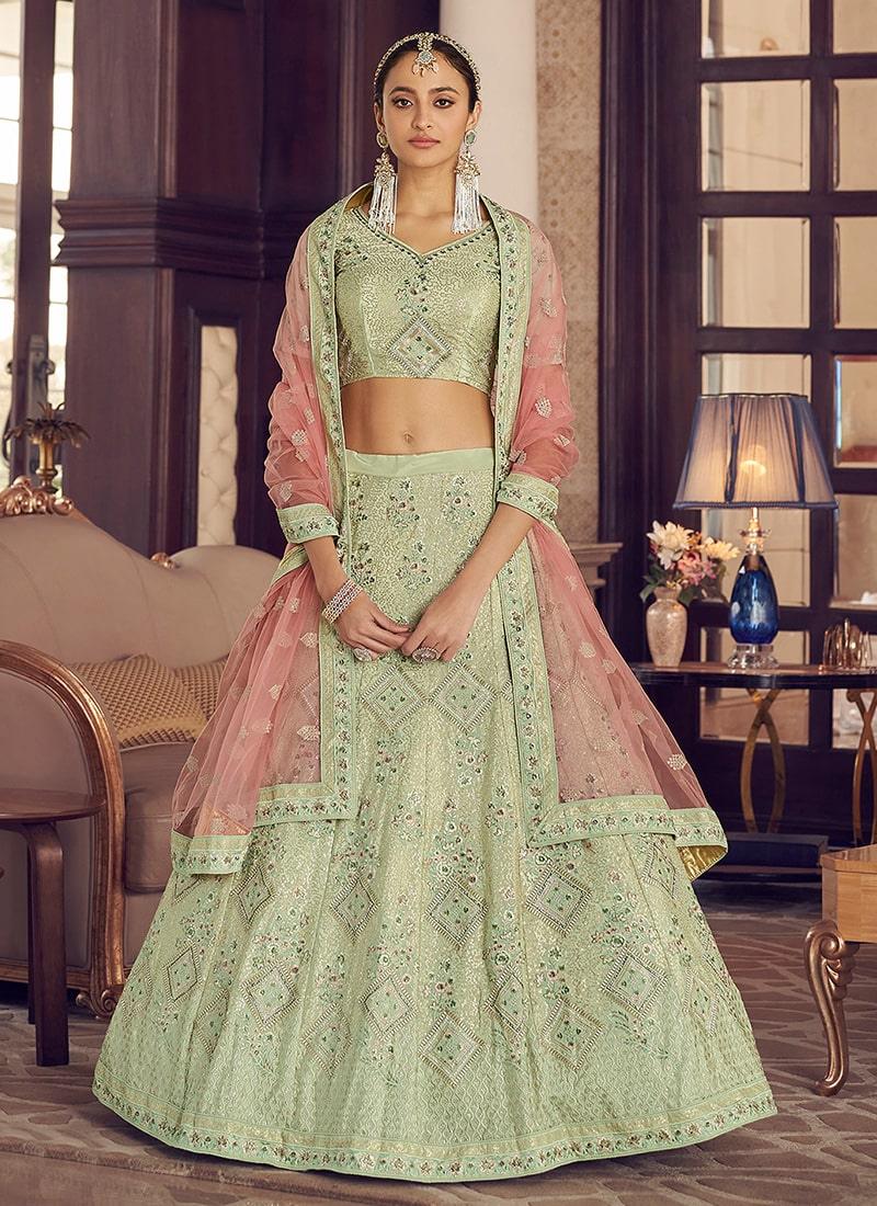 Pista Green Color Crepe Material Sequins And Resham Work Lehenga Clearance Affordable