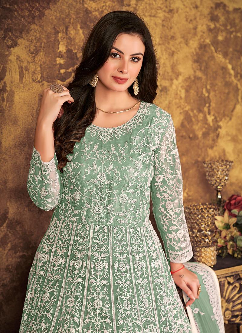 Green Color Net Base Embroidered Gown Discount Choice