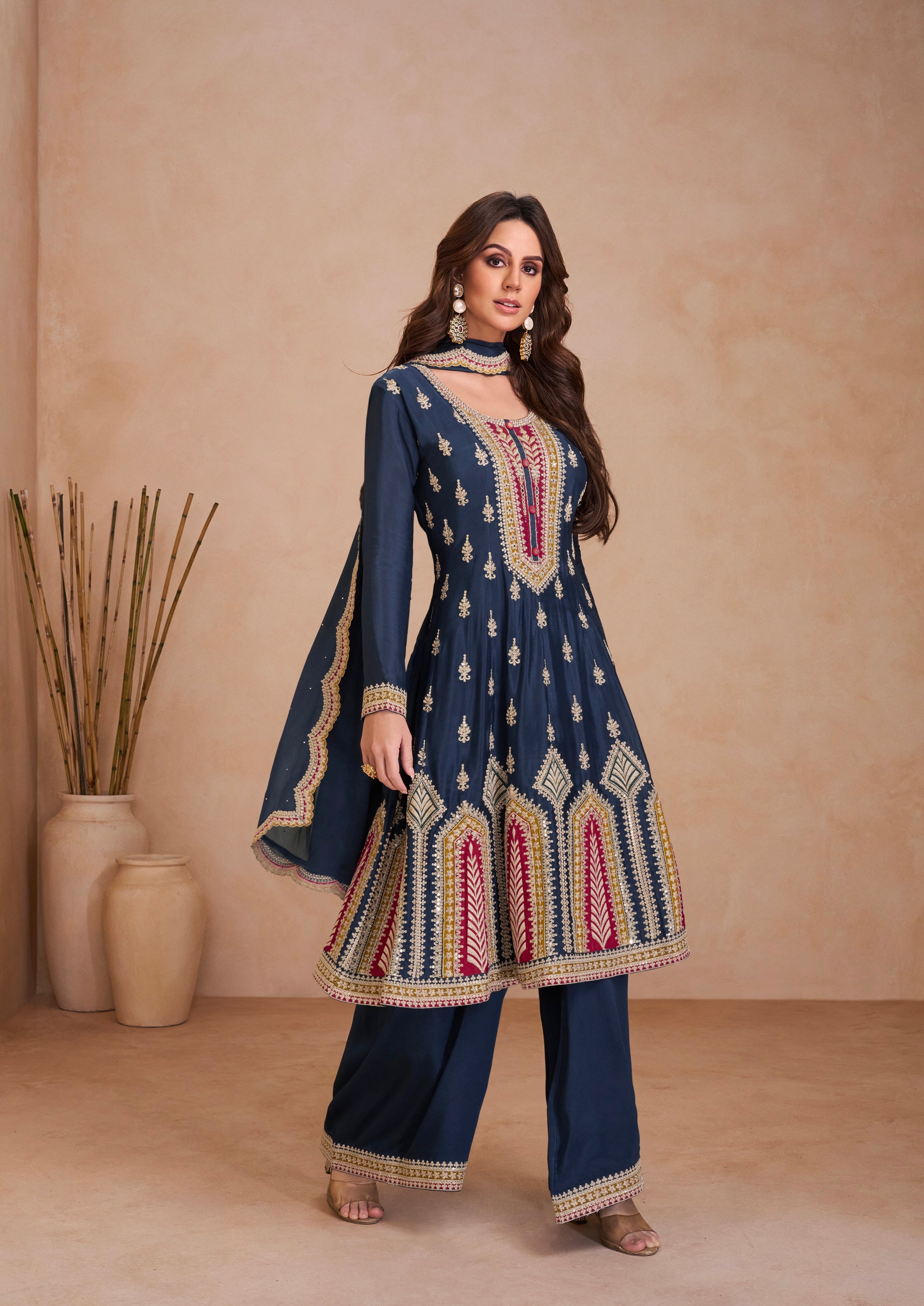 Blazing Navy Blue Embroidered Chinon Palazzo Set Discount For Cheap