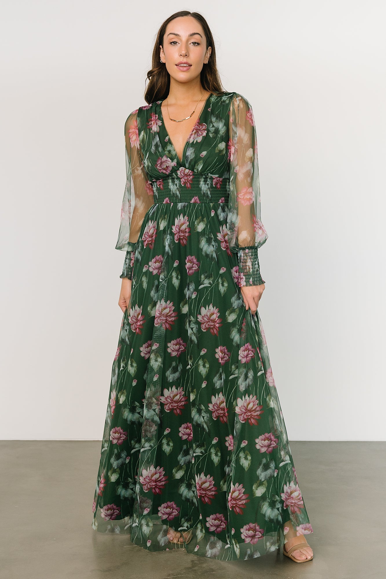 Layla Tulle Maxi Dress | Green + Pink Floral Discount Choice