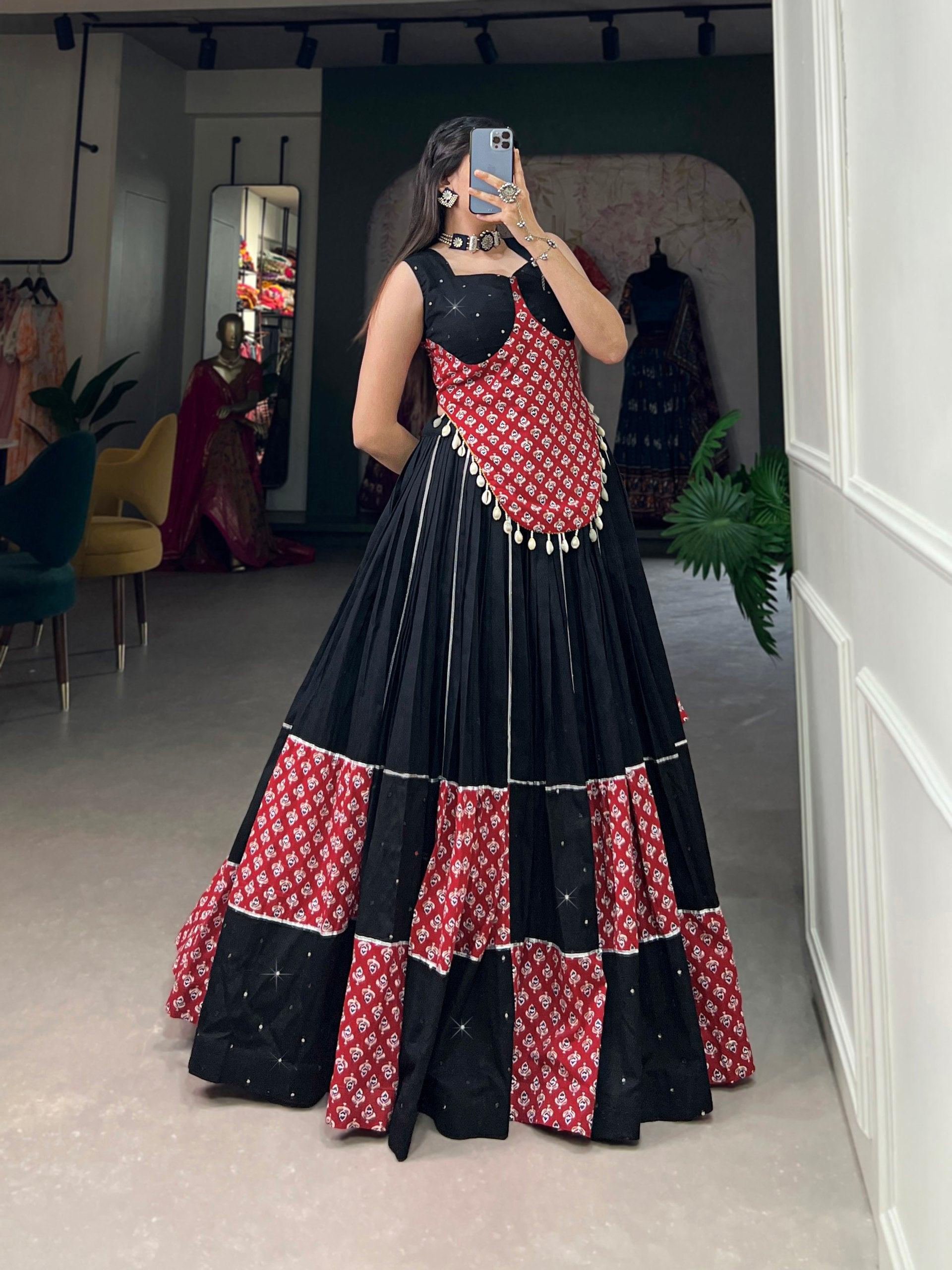 Black Colored Printed Foil Mirror Gota Patti Worked Navratri Lehenga Set Where To Buy Low Pice