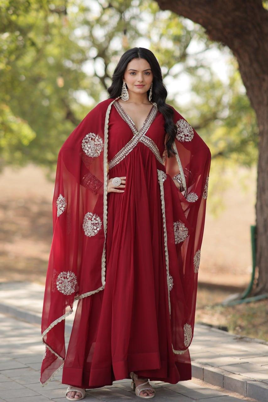 Elegant Maroon Embroidered Anarkali Gown Discount 2025 New