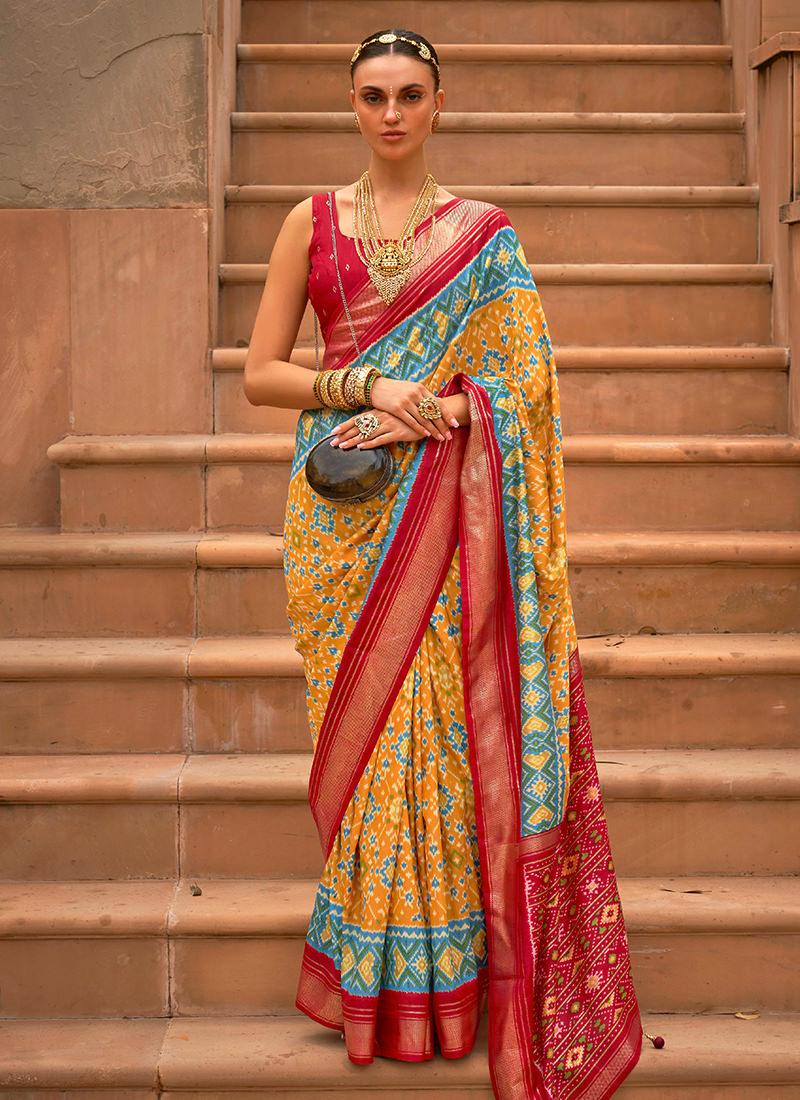 Smooth Silk Patola Print Yellow Traditional Saree Latest Collections Online