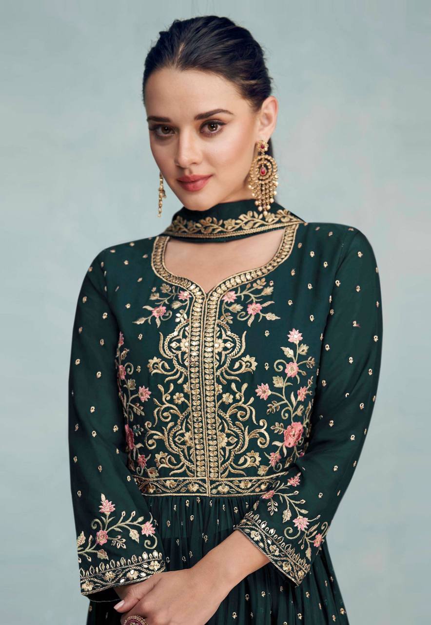 Fabulous Forest Green Faux Georgette Embroidered Palazzo Suit Sale 2025