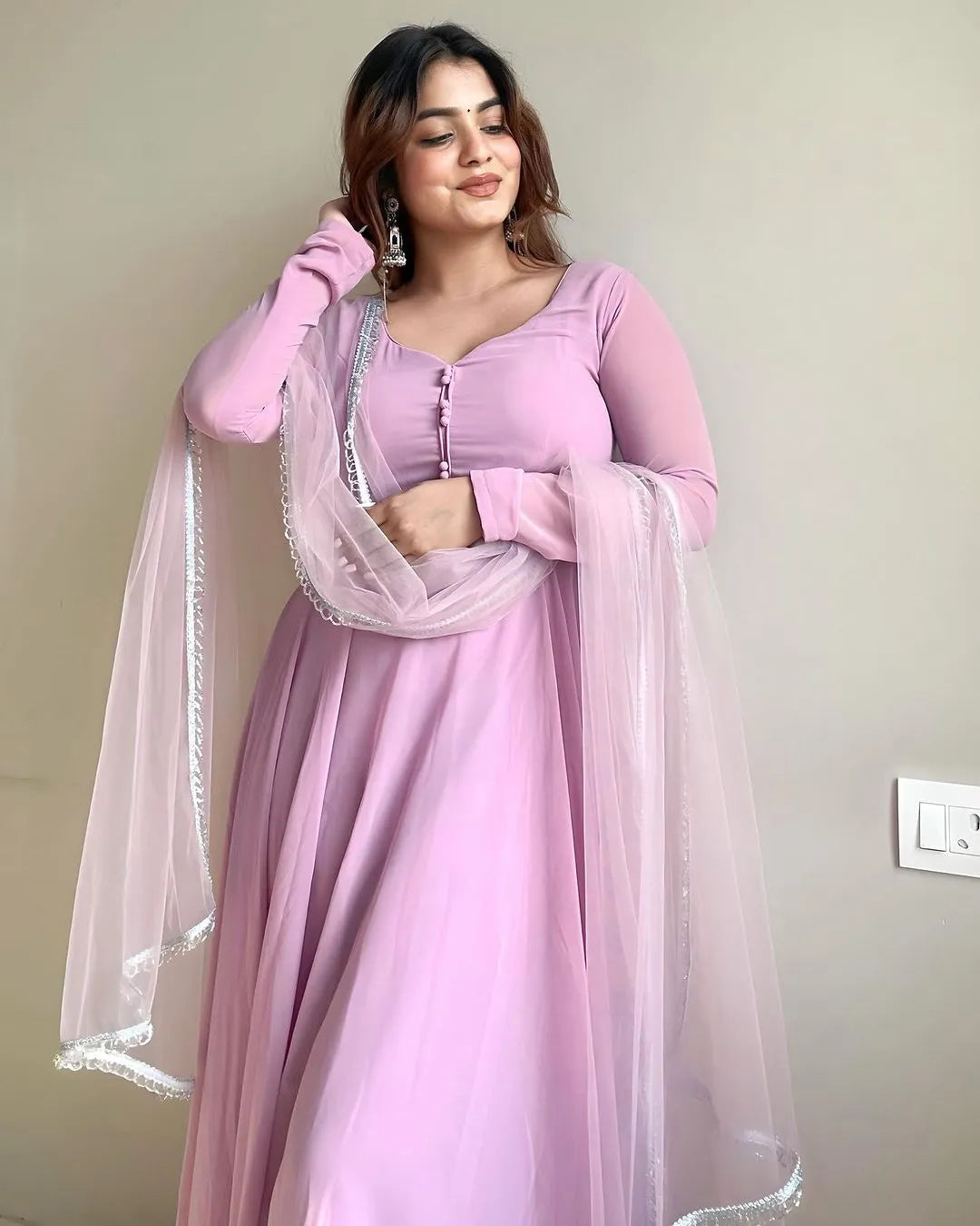 Trending Lavender Pure Faux Georgette Anarkali Pant Suit Sale Explore