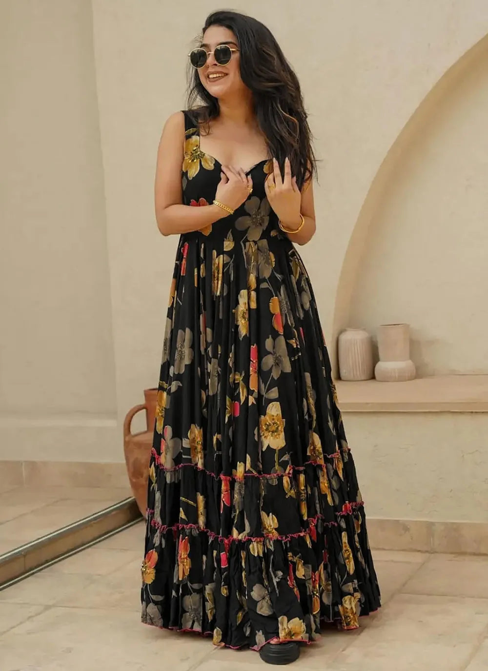 Black Colored Heavy Rayon Digital Printed Fully Flared Gown Lowest Pice Cheap Pice